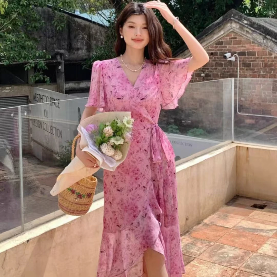 夏装温柔风少淑版时尚一片式收腰碎花女人味十足连衣裙8003款