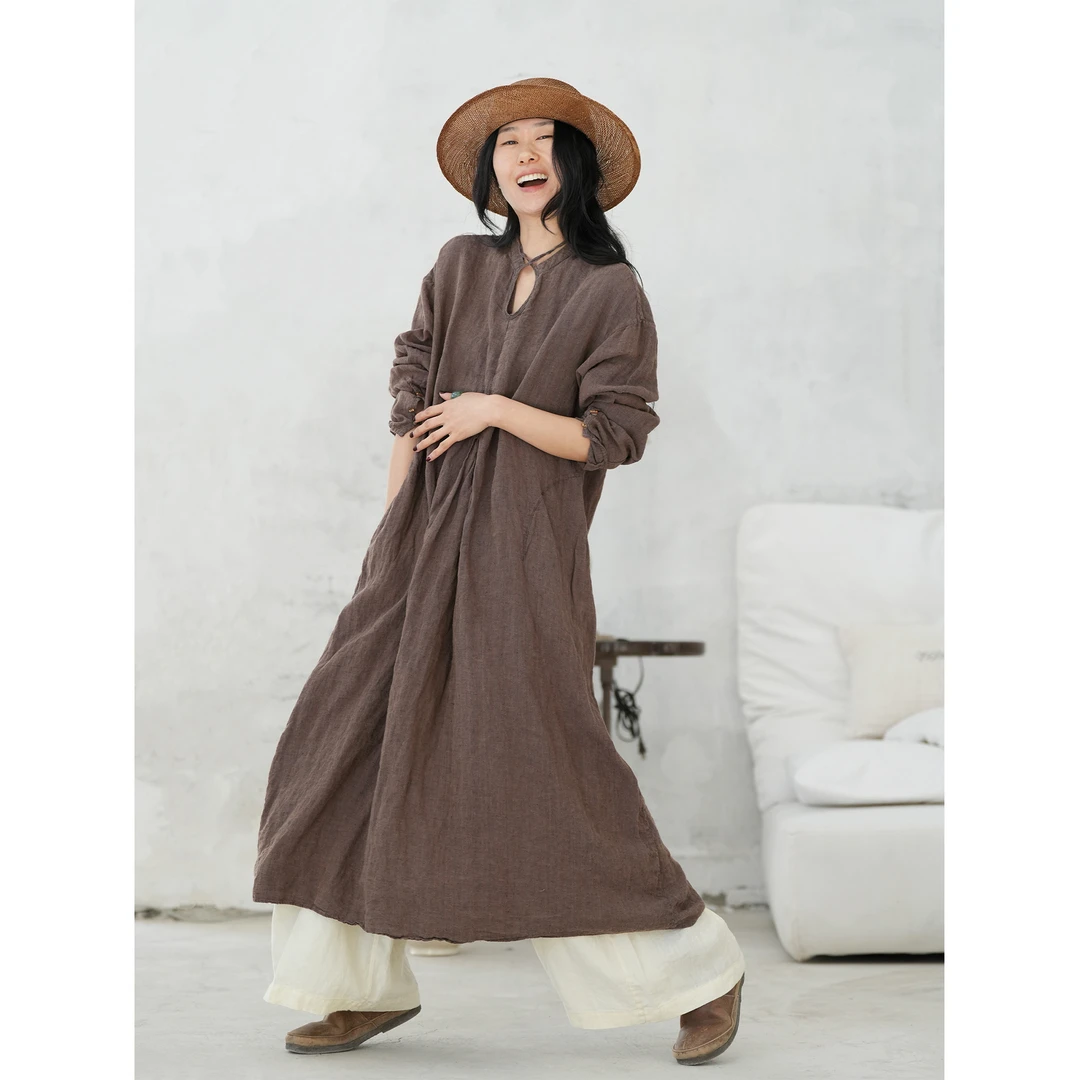 几见 原创设计春秋百分亚麻系带长袍连衣裙禅意长衬衣复古W51105