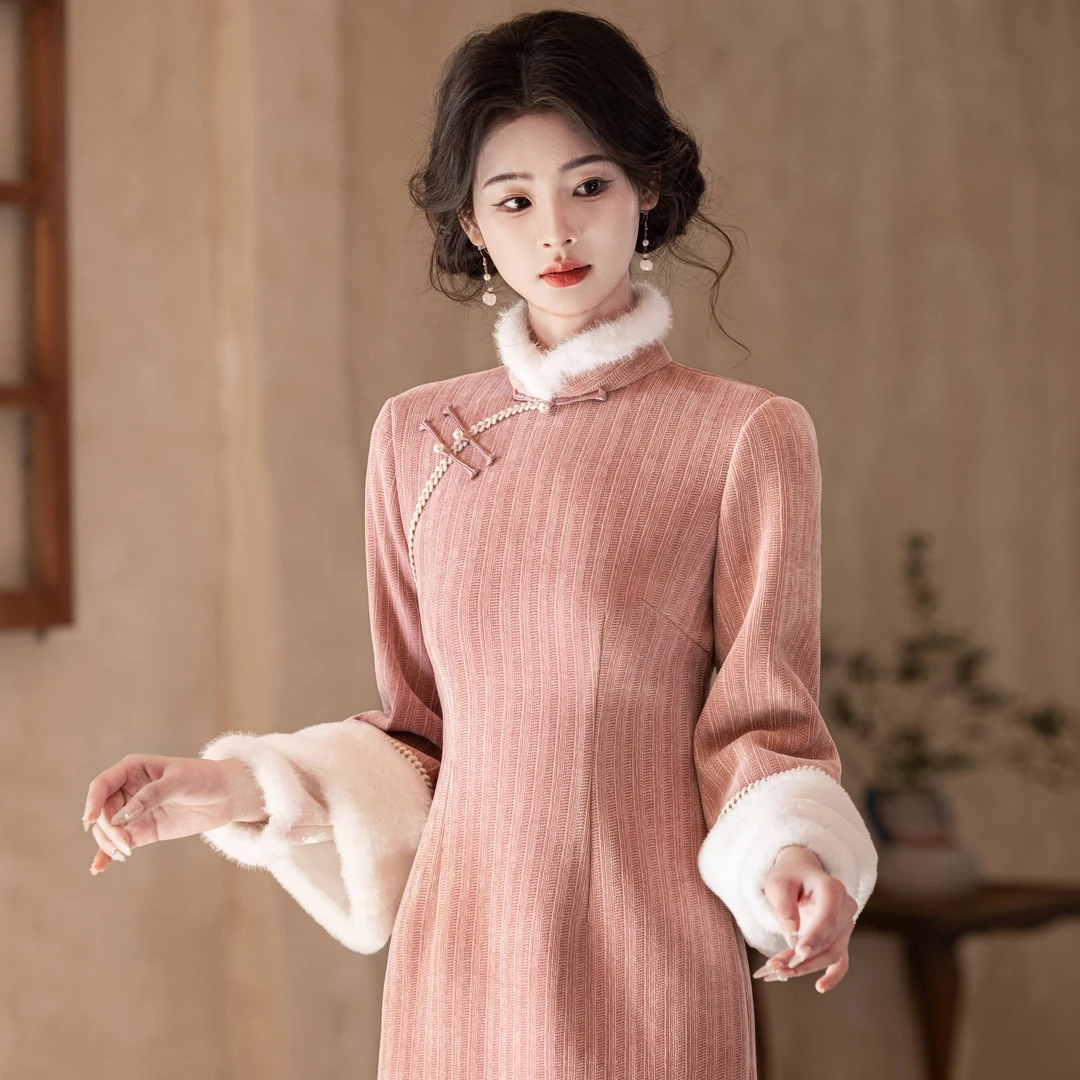 [霜粉绮梦]冬季新款新中式加厚气质旗袍日常款修身复古优雅