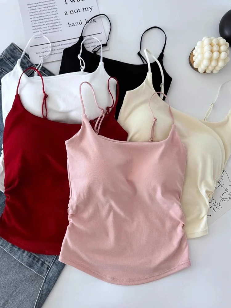 新款纯欲甜辣设计感褶皱吊带背心女外穿内搭带胸垫修身美背上衣夏