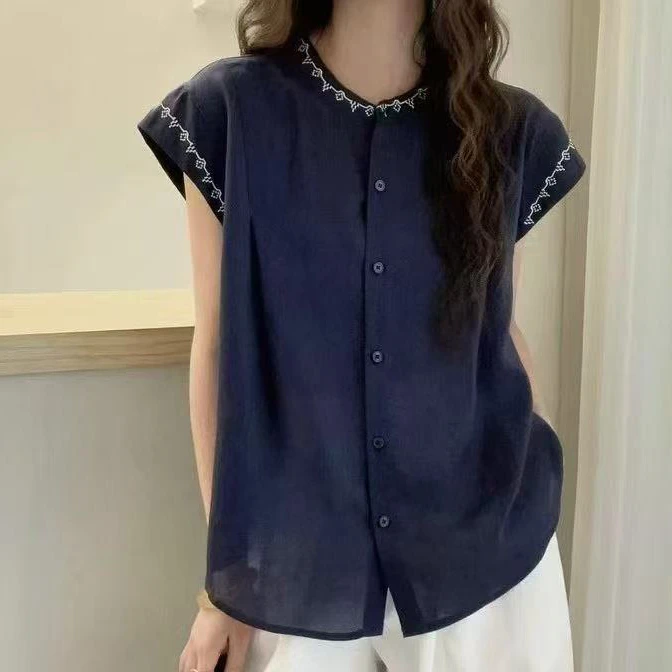 2025夏季新品时尚百搭修身显瘦个性设计感女士纽扣短袖上衣8110