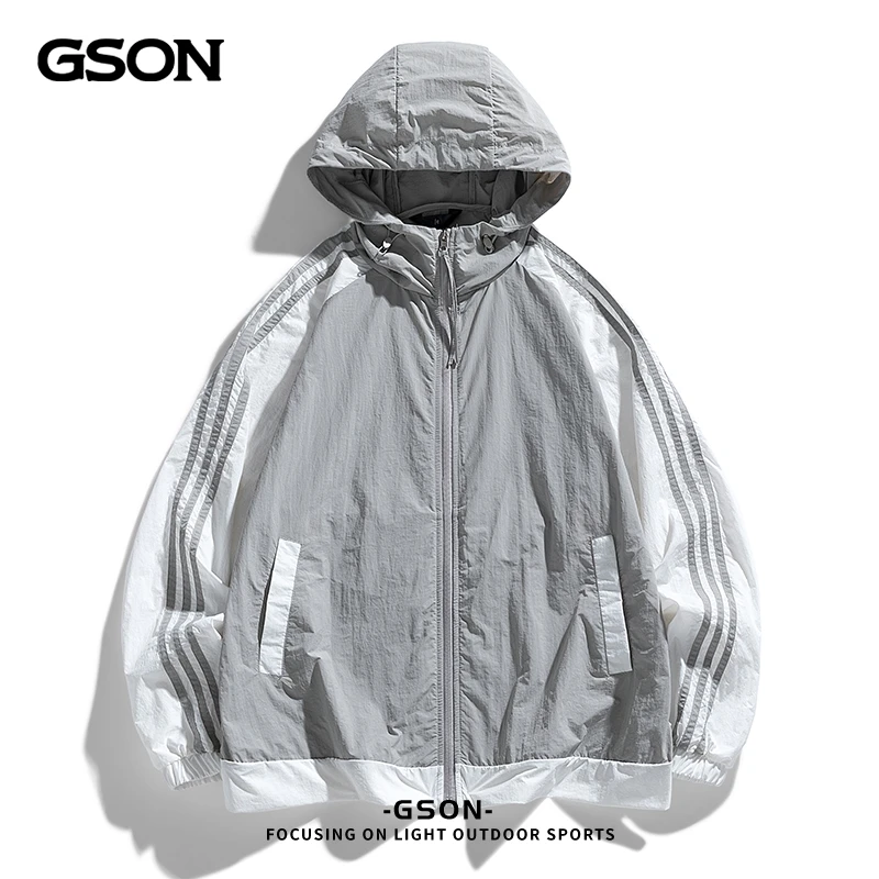 GSON夏季显瘦速干防晒衣男女同款户外运动吸湿排汗薄款夹克三条杠