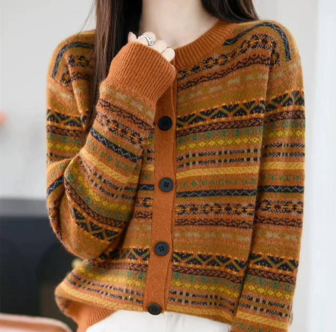 【南瓜橘-开衫】秋冬新款时尚浣熊厚款提花外搭针织衫女 8810