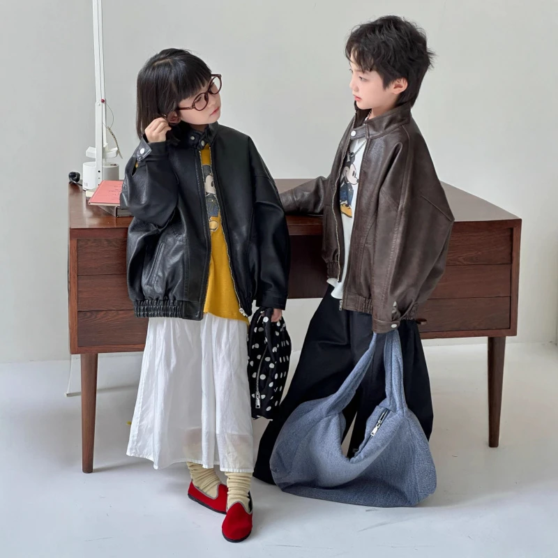 儿童春秋皮衣外套2025秋季新款男女童痞帅港风机车服潮酷夹克宽松
