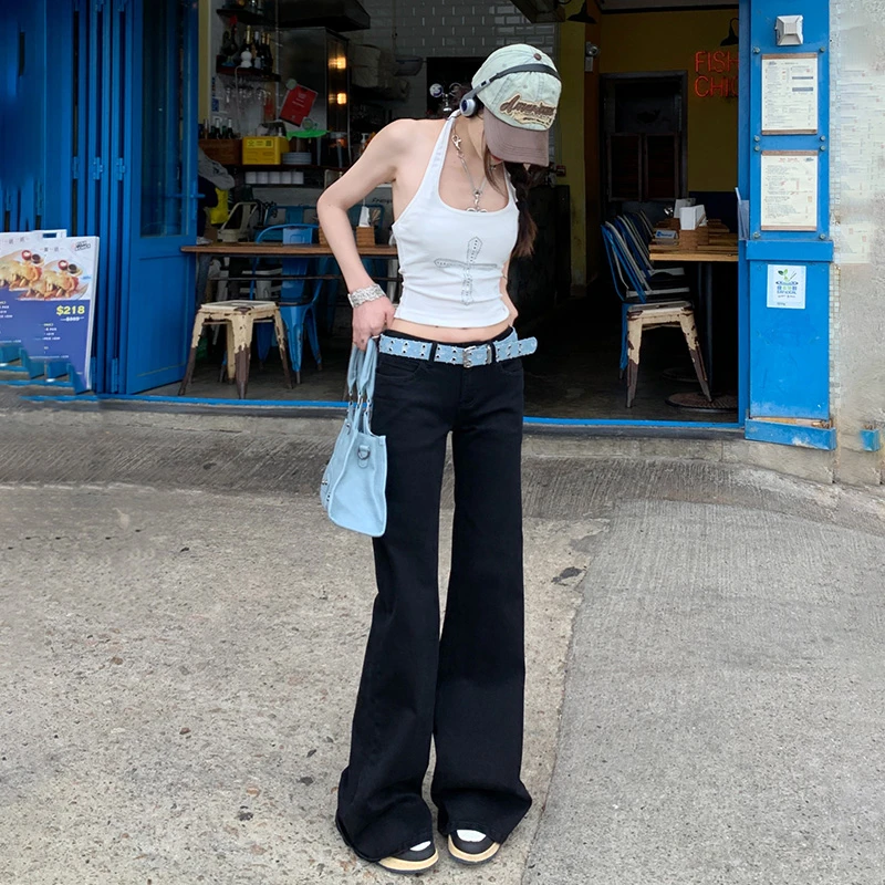 辣妹黑色低腰圆口袋设计微喇牛仔裤女春夏新款修身弹力直筒喇叭裤