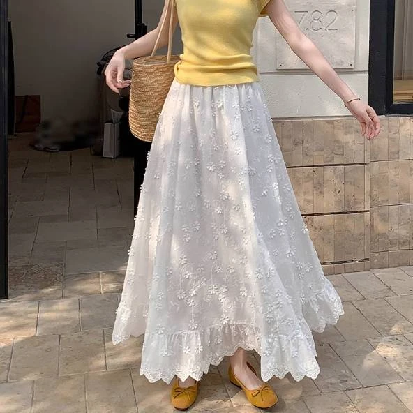 立体花朵白色半身裙春夏韩系半身裙子女款爆款2025新款裙子长裙