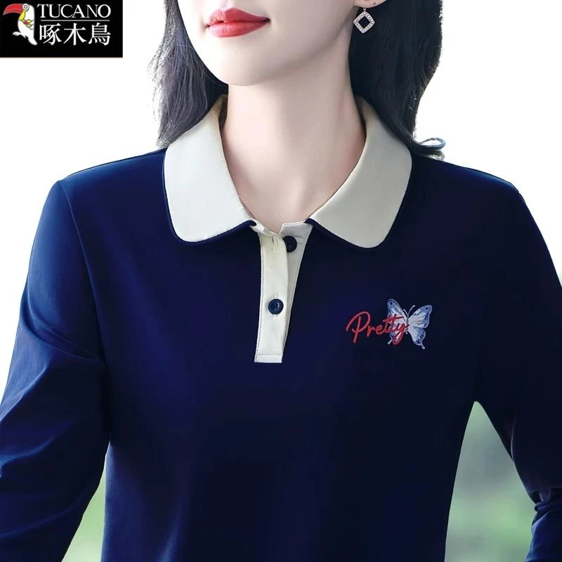 啄木鸟2025年新款翻领长袖印花T恤春秋休闲POLO衫女减龄显瘦上衣