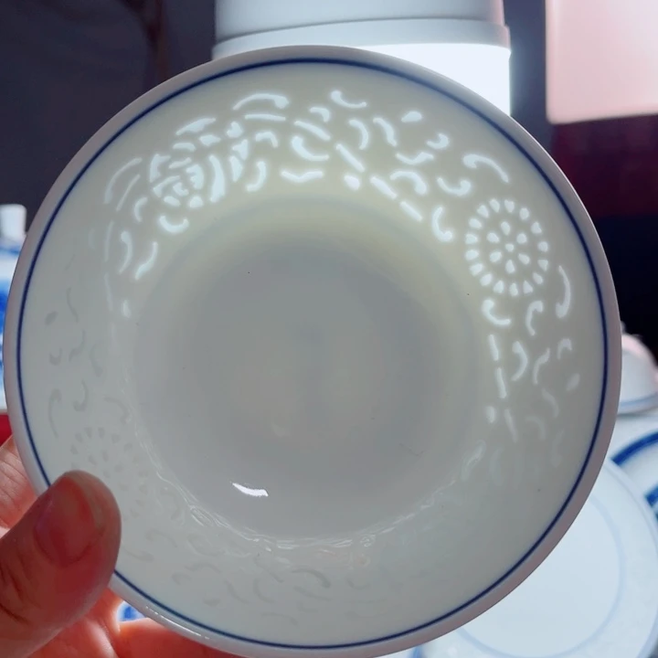 青花玲珑5寸饭碗满雕双福双线