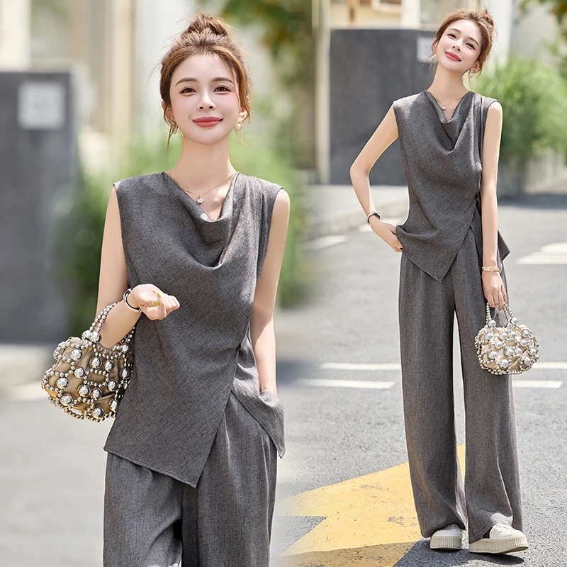 韩系设计感气质套装女2025年夏季新款高级感气质百搭阔腿裤两件套