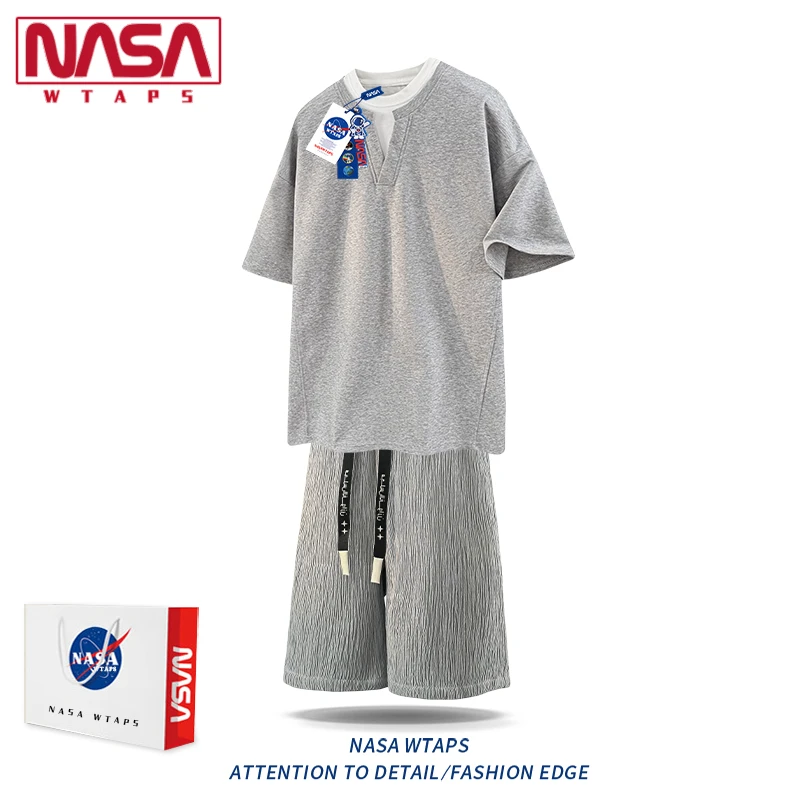 NASA WTAPS潮牌假两件短袖套装男夏季冰丝T恤短裤灰色简约两件套