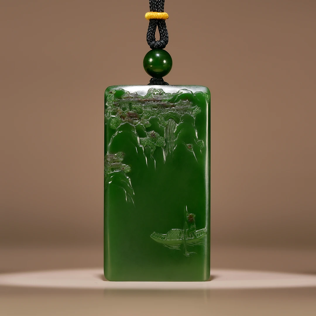 传世级 和田玉俄七辣绿聚红皮特细正装山水牌 62*32*12mm±