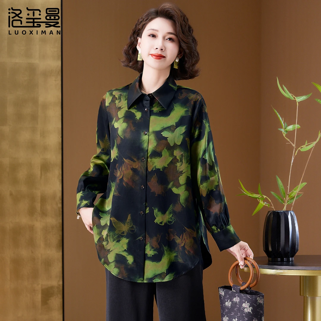 洛玺曼香云纱衬衫女长袖通勤宽松型常规春秋衬衫上衣印花复古休闲