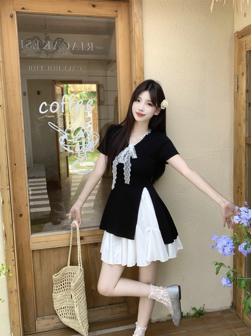 大码显瘦夏季新款蕾丝短袖T恤黑色上衣百搭不规则短裙套装裙子