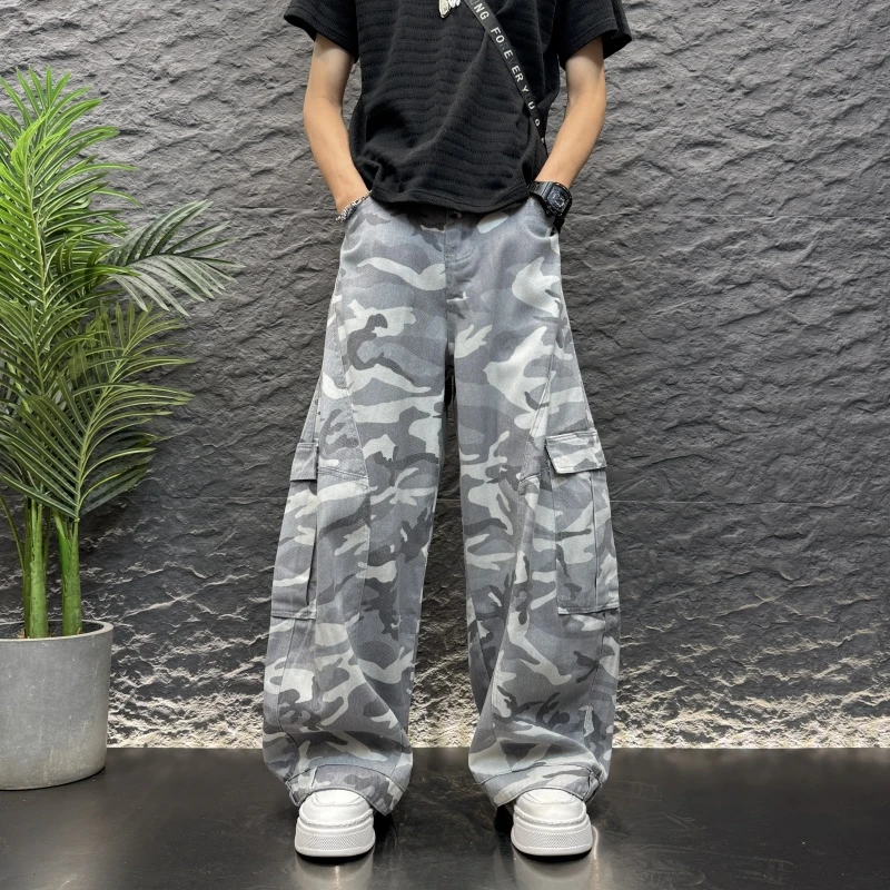 大口袋弯刀迷彩垂感拖地休闲工装长裤宽松黑色垂感男士阔腿牛仔裤