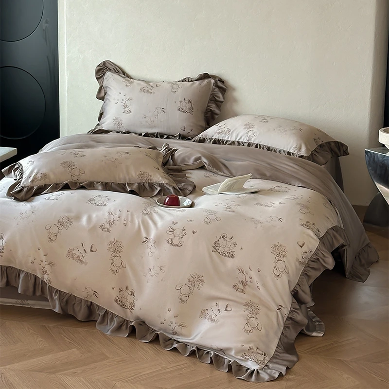 喜兹 萌萌兔 轻奢丝滑兰精天丝数码印花四件套高级荷叶边凉爽床品