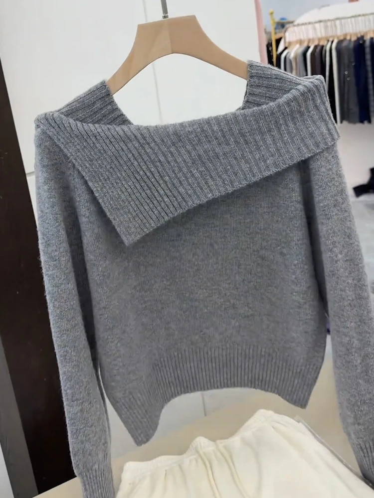一字肩灰色针织衫女法式毛衣打底2025秋季新款洋气设计感气质上衣