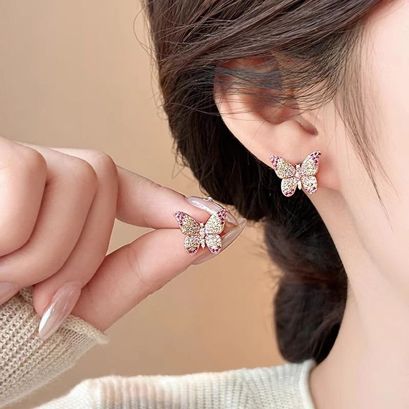 小众微镶紫色蝴蝶耳钉女2025年新款爆款耳环4278