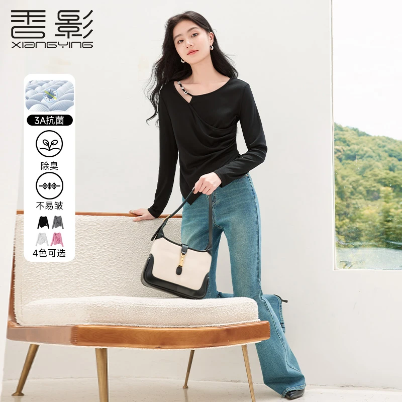 X843083 T恤 香影不规则长袖薄款女夏秋新款打底纯色