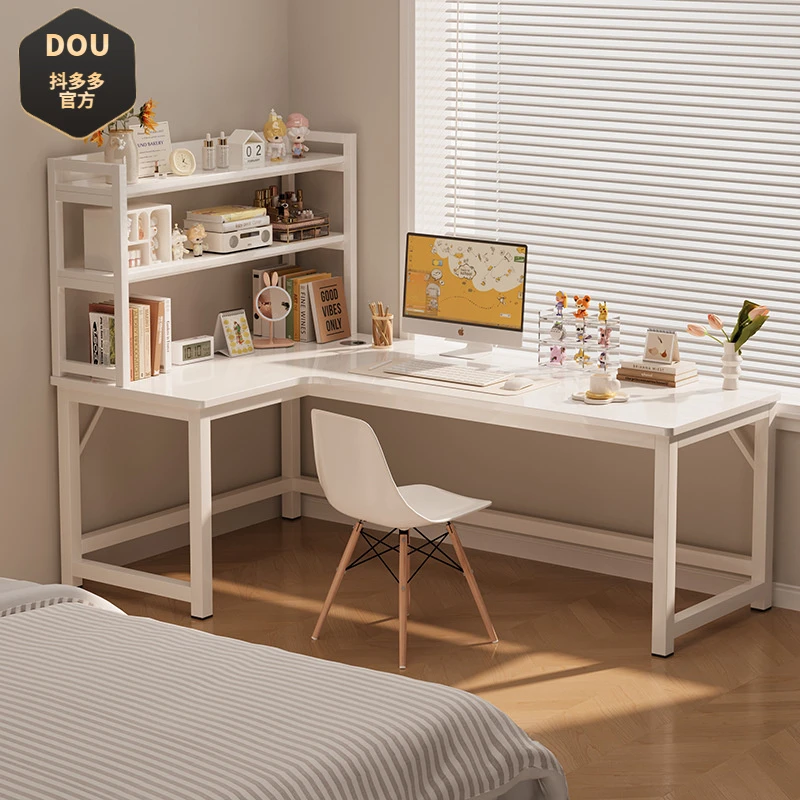 转角电脑桌家用卧室学习桌子l型奶油风洞洞板拐角书桌书架一体桌