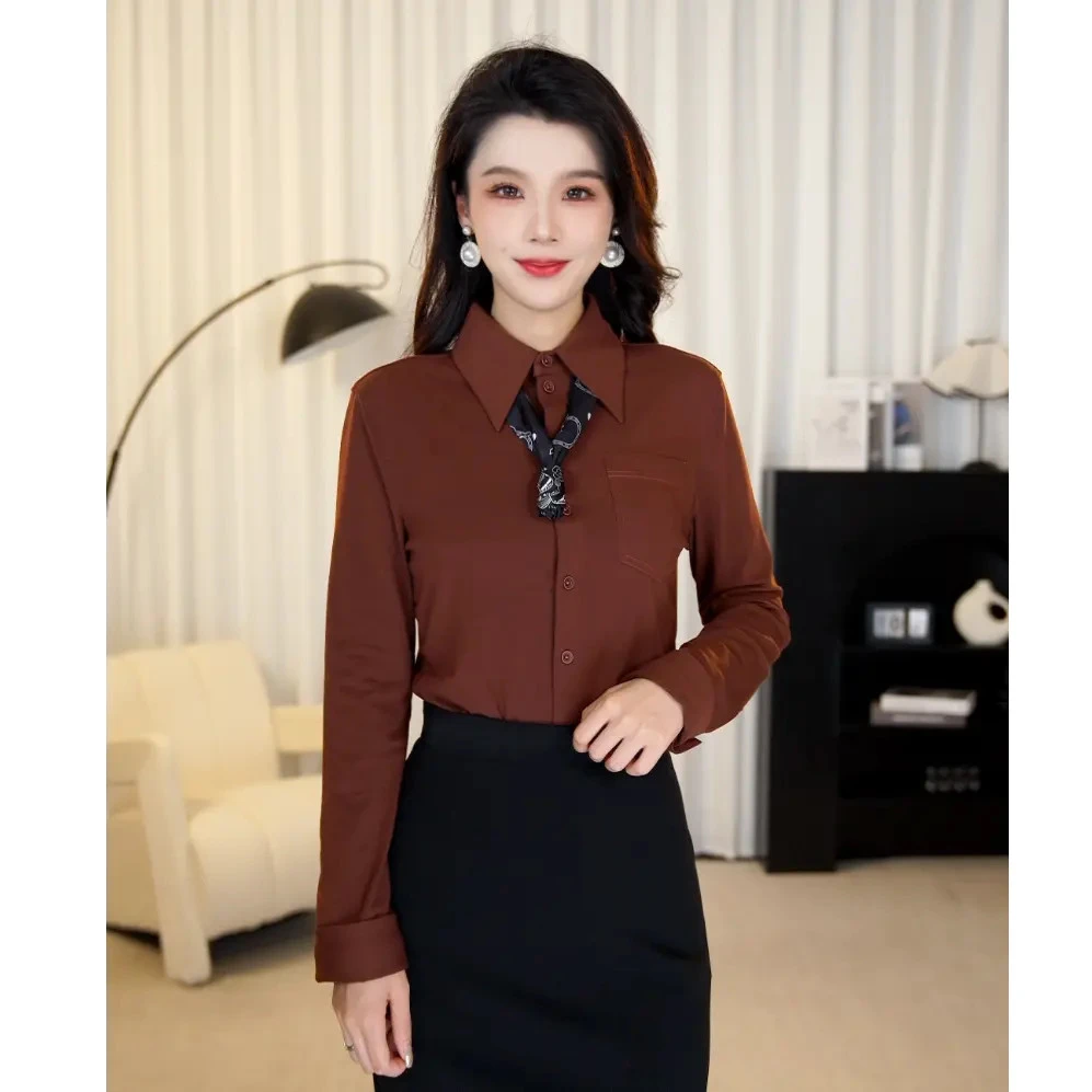 哥弟【栗棕可可】新款1301044时尚莫代尔通勤初秋穿搭PIPO翻领通勤