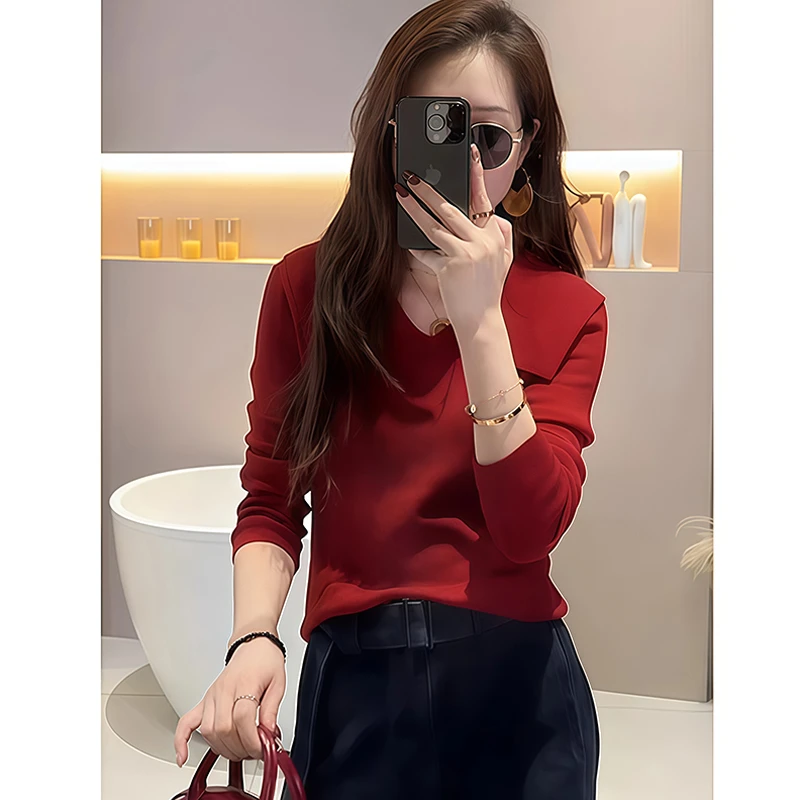 早秋爆款时尚翻领针织衫女长袖炸街减龄时髦毛衣减龄显瘦套头上衣