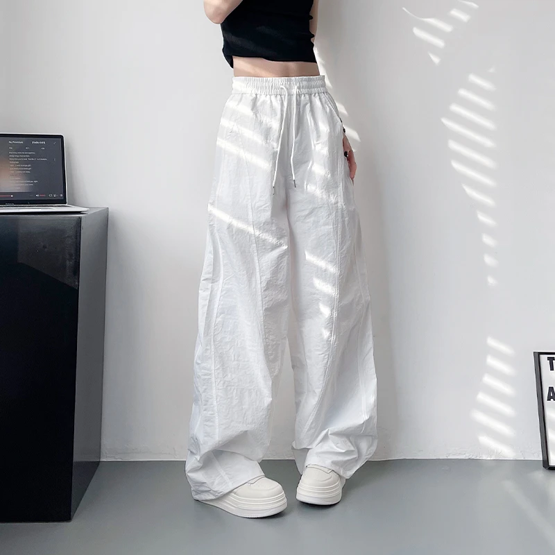 白色夏季清凉阔腿裤女大码胖mm显瘦遮肉休闲裤高腰抽绳速干运动裤