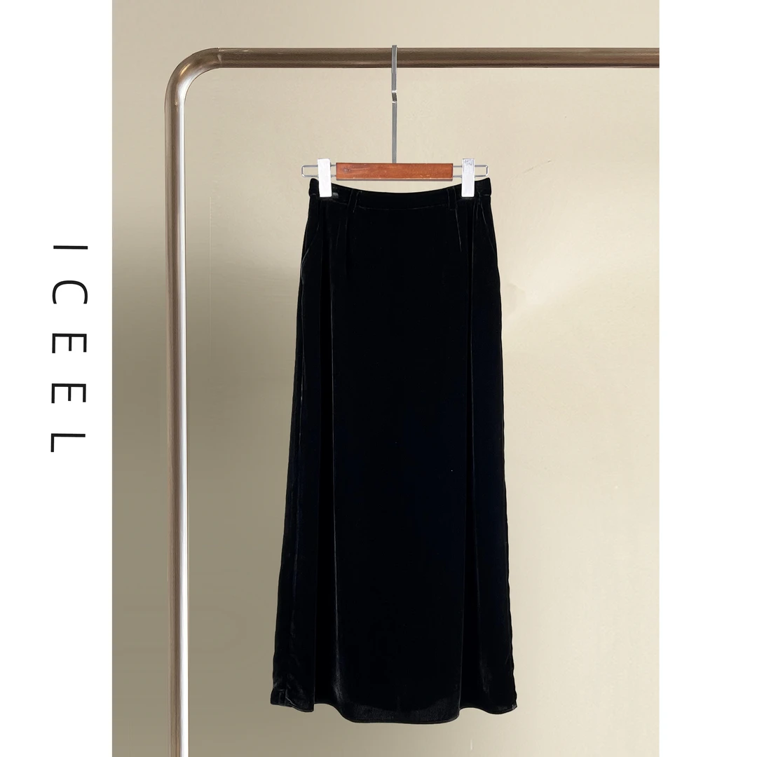 ICEEL原创轻奢高级感丝绒半身裙女春秋松紧腰气质黑色新款直筒裙