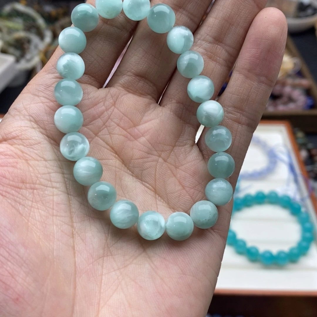 自***n玛瑙/玉髓未镶嵌珠宝半成品一条天然8mm绿海纹H70