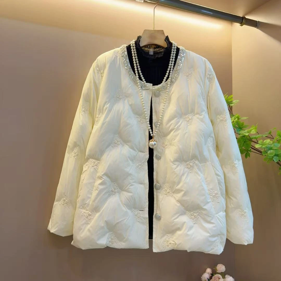 时尚镶钻气质V领菱格压花显瘦棉服(长66左右)