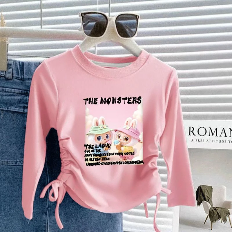 女童春秋纯棉螺纹领韩版童装时尚简约卡通T恤儿童抽绳长袖上衣穿t