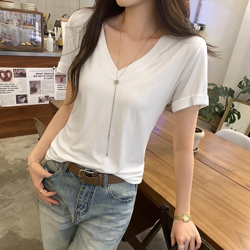 莱赛尔天丝羊毛宽松V领白色短袖T恤女装夏季2025新款简约显瘦上衣
