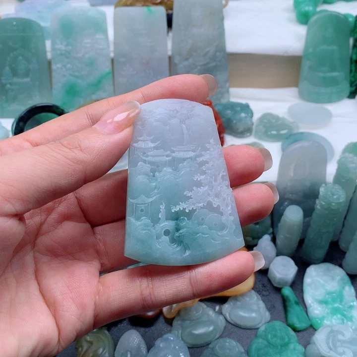 未镶嵌定制翡翠天然缅甸翡翠山水牌