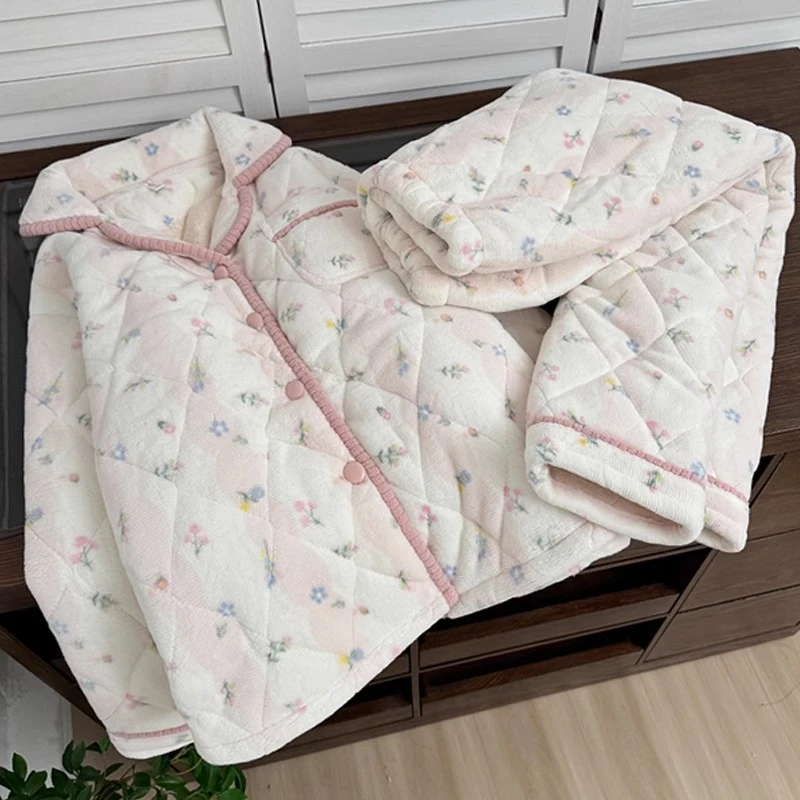 秋冬季珊瑚绒三层夹棉袄睡衣女加厚加绒甜美碎花法兰绒女士家居服