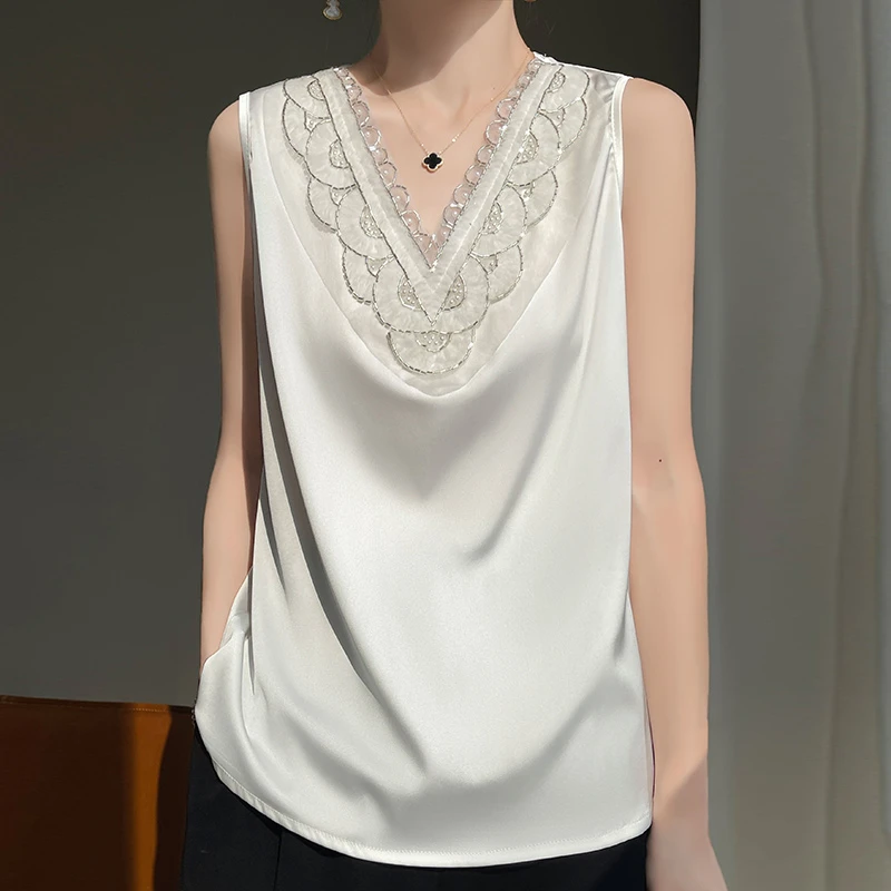 女士夏季背心吊带宽松显瘦V领通勤蕾丝气质打底百搭无袖纯色8087