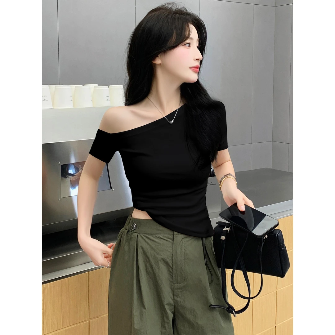 一字领露锁骨黑色短袖t恤女修身显瘦夏季精棉甜辣斜肩不规则上衣