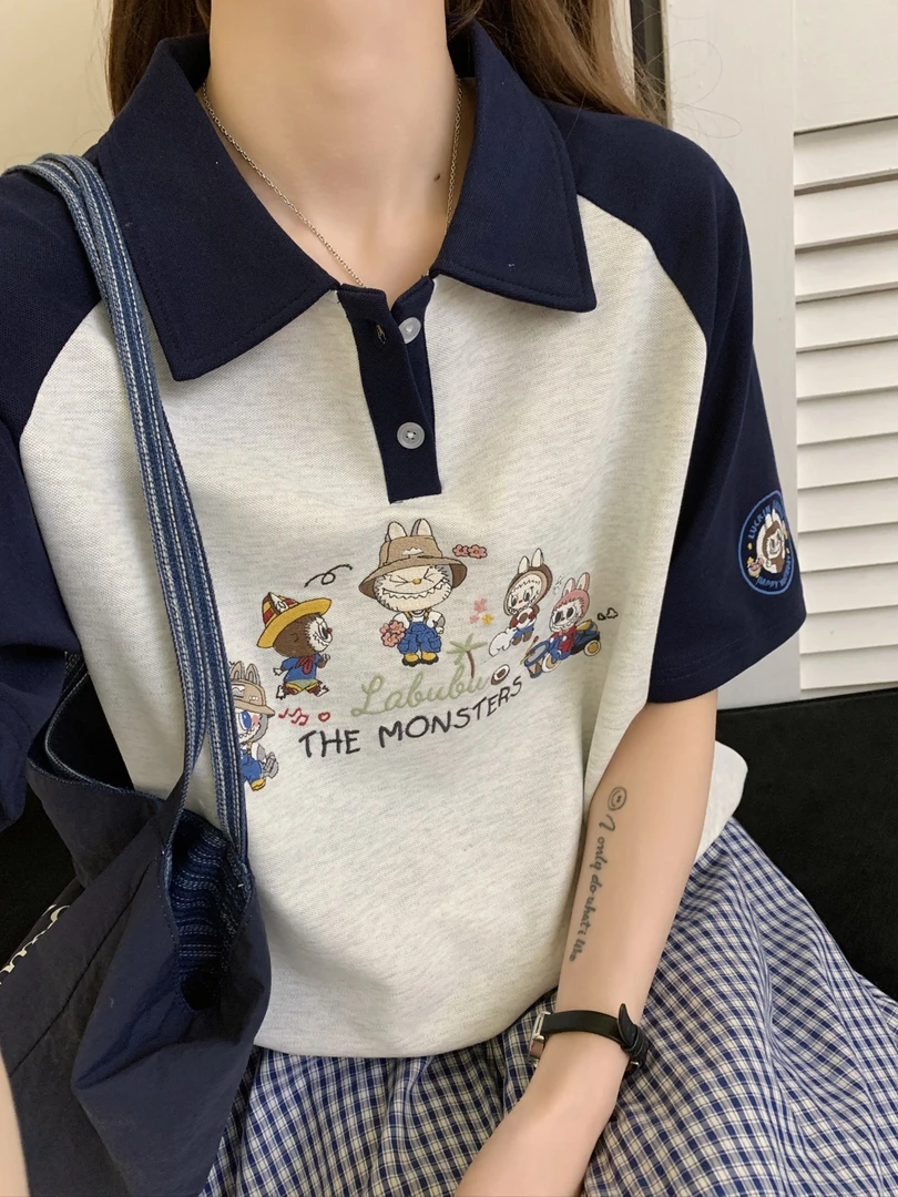 韩国东大门拉布布翻领插肩袖珠地网眼卫衣韩版宽松百搭上衣