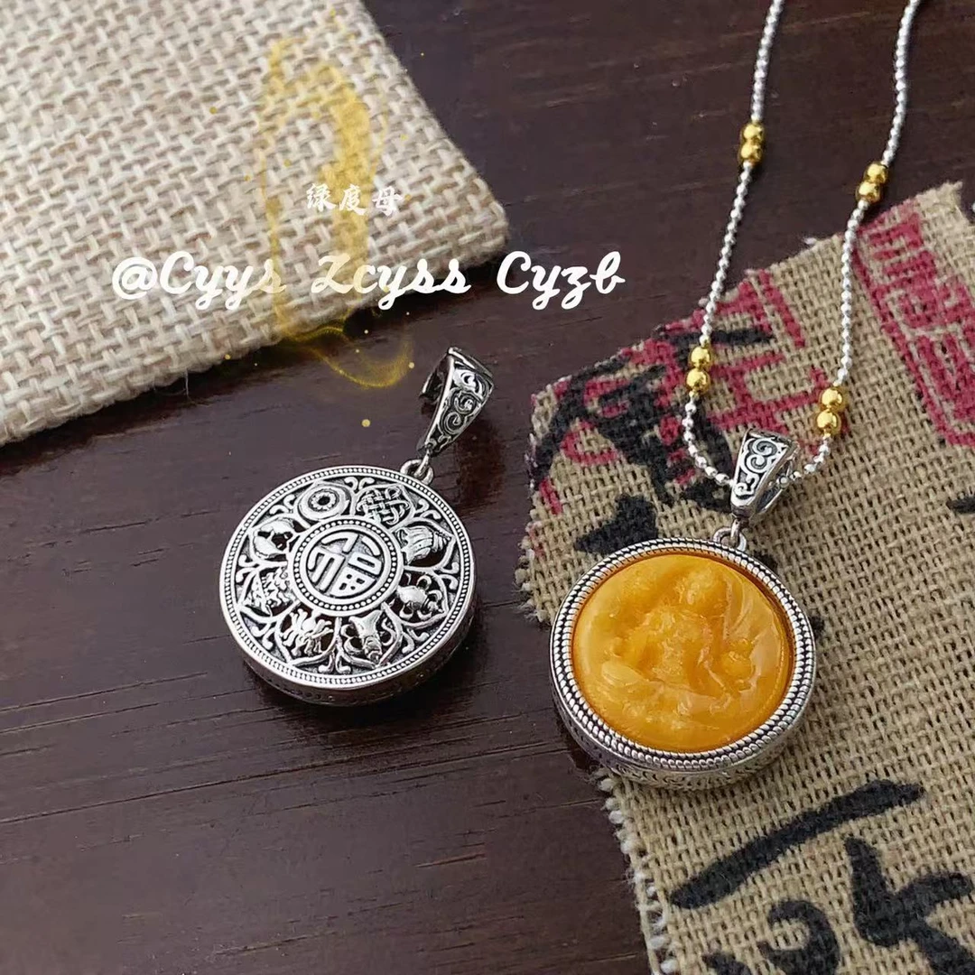 吊坠925银 S925通体银镶嵌黄财神百搭圆牌吊坠复古
