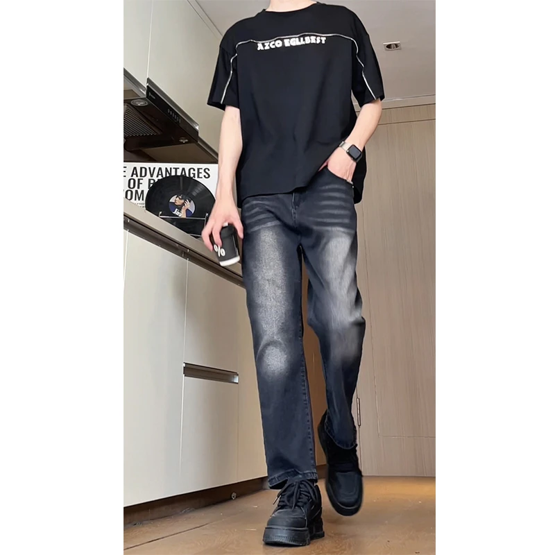 美式复古水洗黑九分牛仔裤男士窄版合体宽松直筒休闲百搭长裤子潮