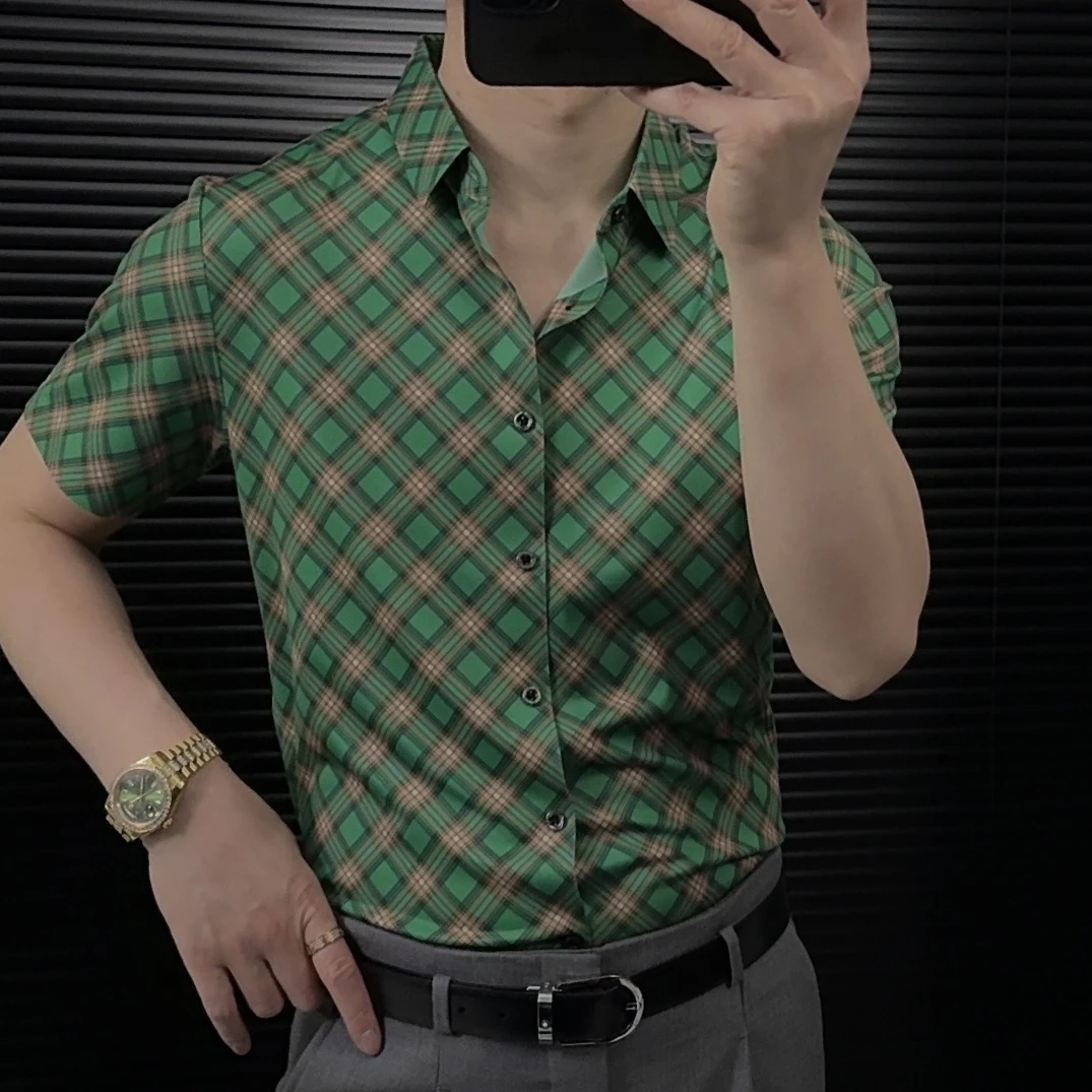 男款短袖（桑蚕丝）衬衫夏季修身休闲格子设计轻奢潮流百搭薄款衬衣