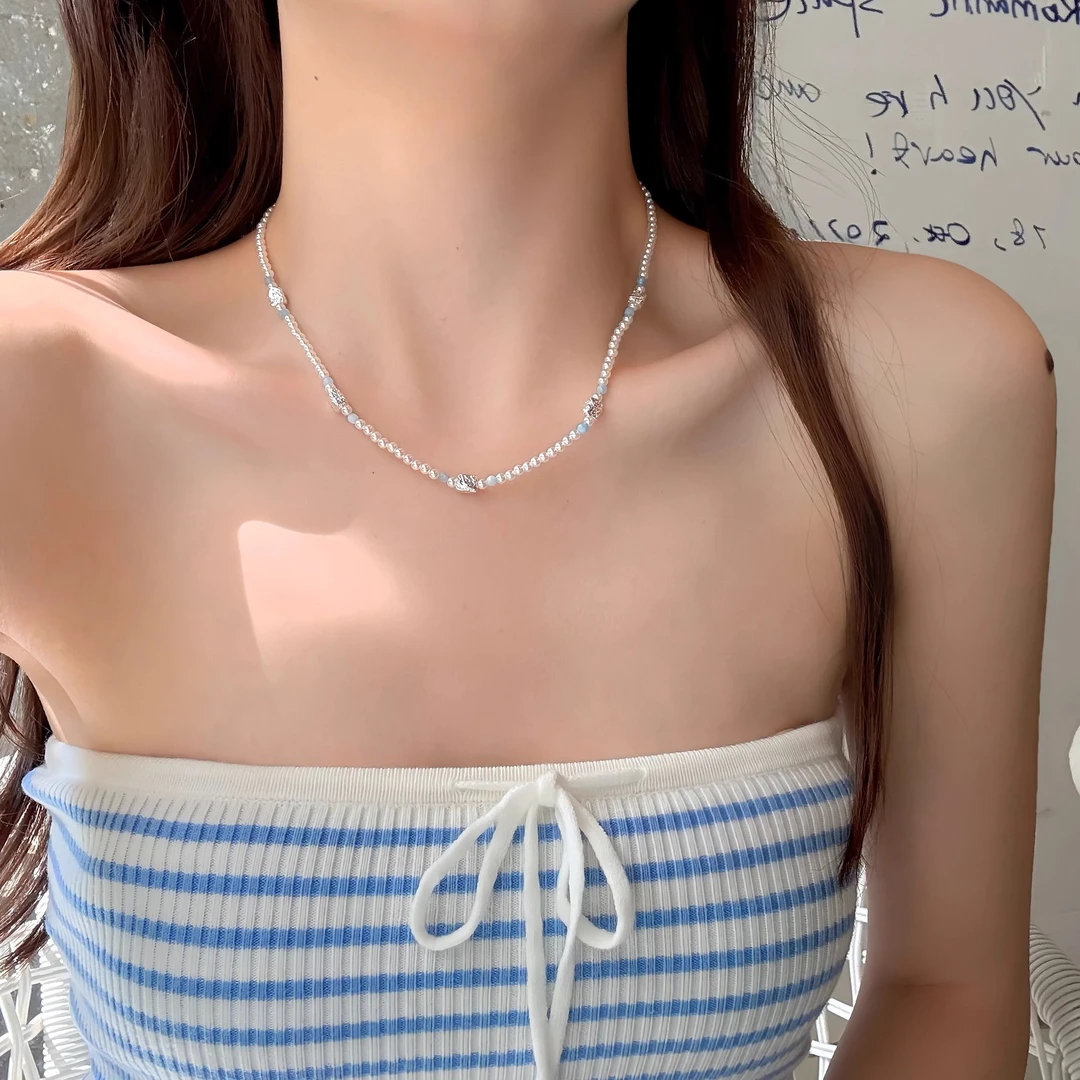 合金仿珍珠项链 莫斯里假日 珍珠串珠项链女海边配裙子脖颈链配饰