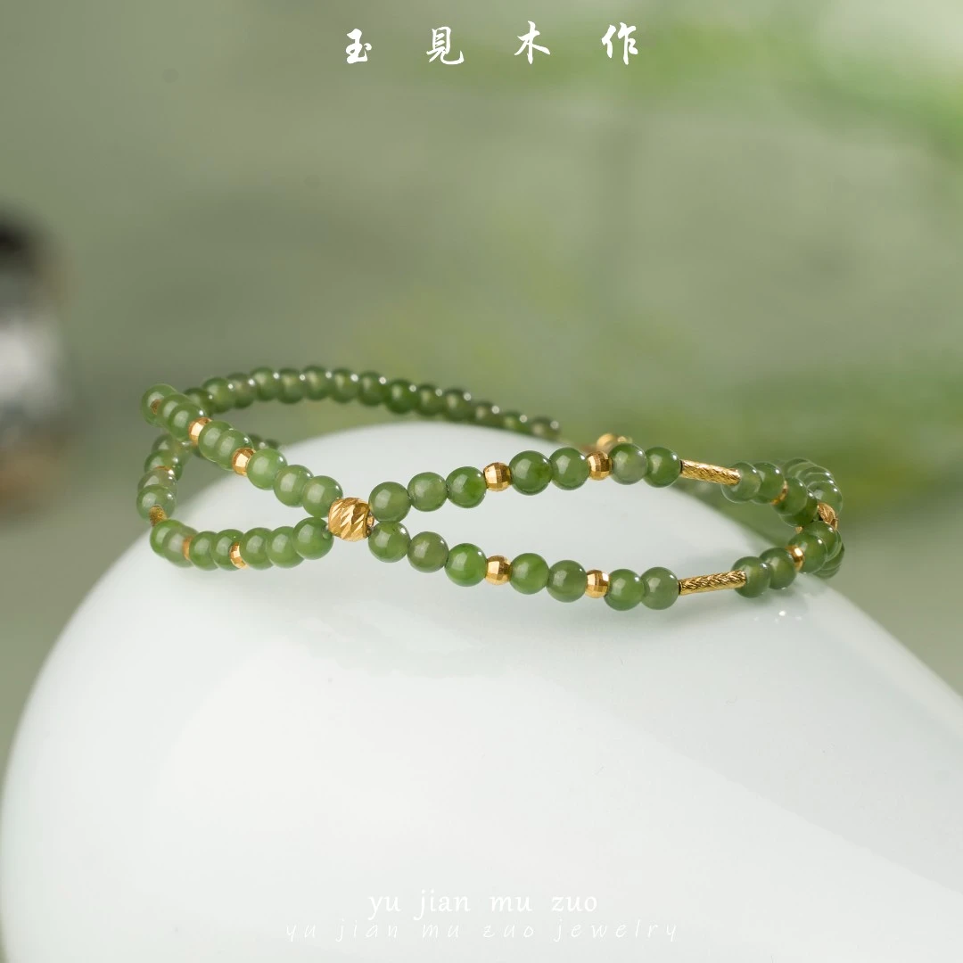 玉見木作天然和田玉复古碧玉链 圈口可调节