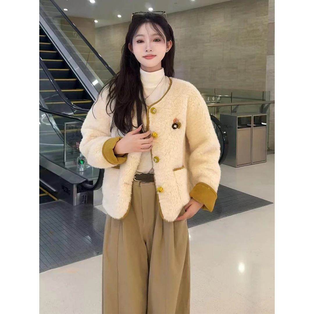 拼接撞色外套女短款2025秋冬新款时尚洋气减龄圆领皮毛一体