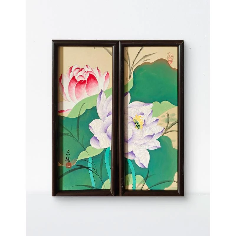 念琦 手绘 带框《莲花 一对》尺寸：20*50CM客厅餐厅艺术传承宣纸