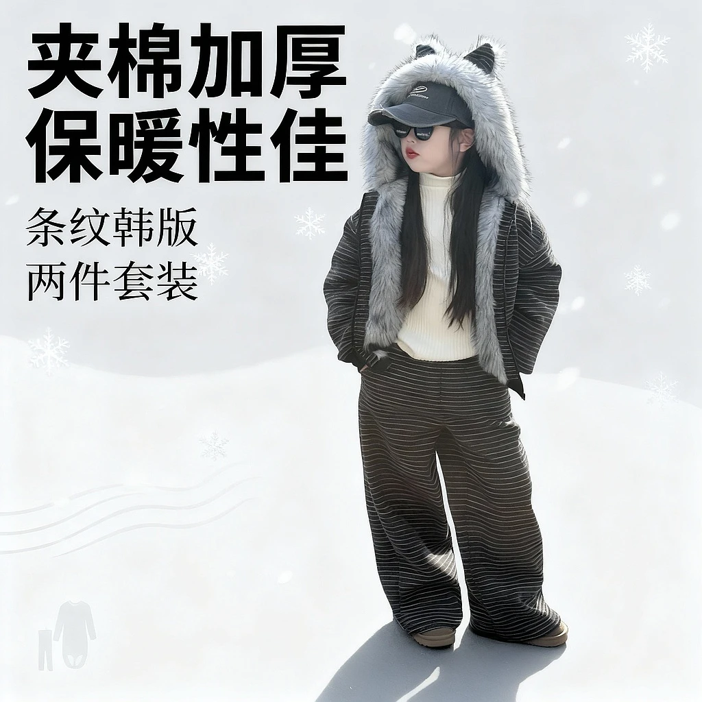 女童秋冬季韩版夹棉加厚连帽棉衣外套中大童保暖加绒卫裤两件套潮