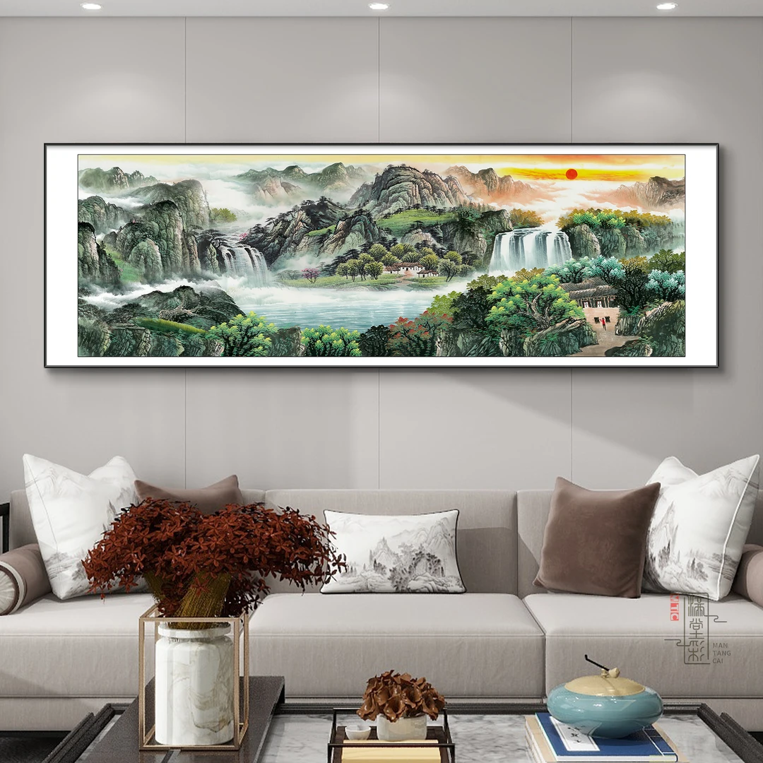 流水生财聚宝盆装饰画客厅沙发背景墙挂画办公室高档大气山水挂画