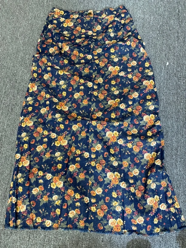 复古碎花软牛仔裙女中长款后开叉中高腰气质半身裙