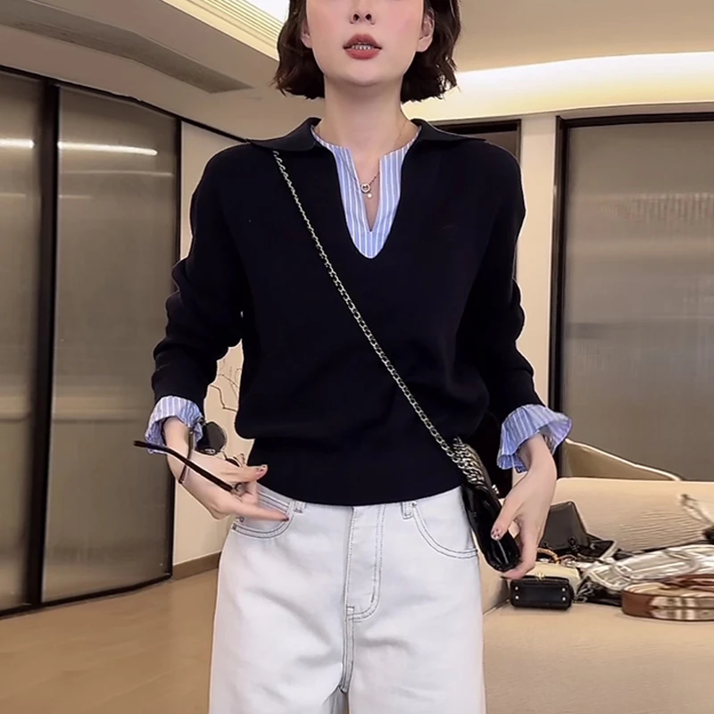 高级感小众独特设计感V领拼接针织衫早春新款显瘦百搭假两件上衣