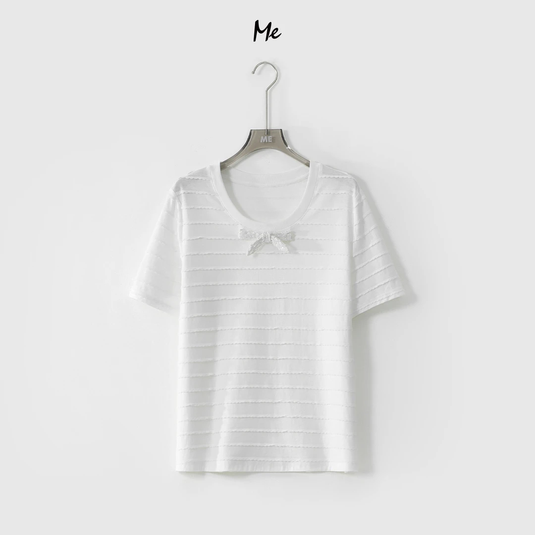 ME【C蝴蝶结波浪T】奢牌感花边蕾丝显瘦舒适百搭短袖T恤MESS3893