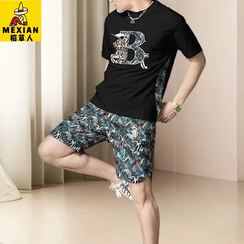 稻草人夏季男士短袖短裤运动套装凉感休闲百搭宽松薄款轻奢两件套