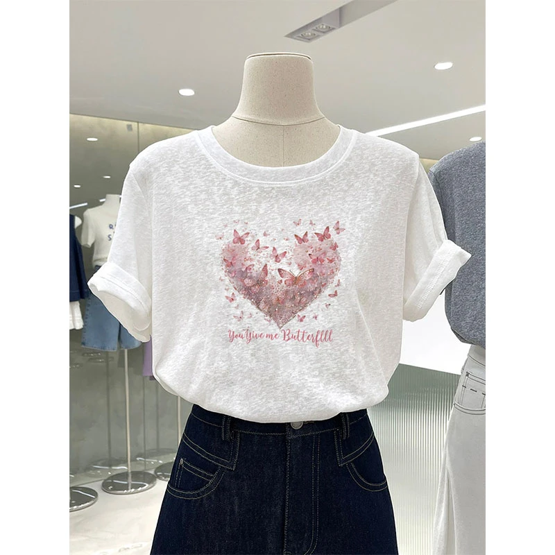 2025新款圆领雪花棉t恤女短袖宽松休闲百搭减龄白色上衣夏季薄款